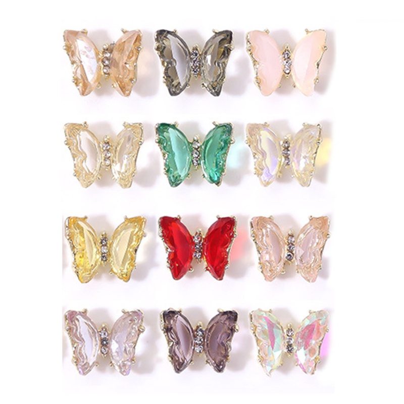 [Hàng mới về] Set 12 phụ kiện trang trí móng hình bướm đính đá pha lê giả nhiều màu sắc