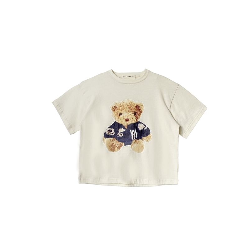 Áo Thun Tay Lửng Dáng Rộng In Hình Gấu Dễ Thương Phong Cách Hàn Quốc Thời Trang Mùa Hè Cho Bé Gái