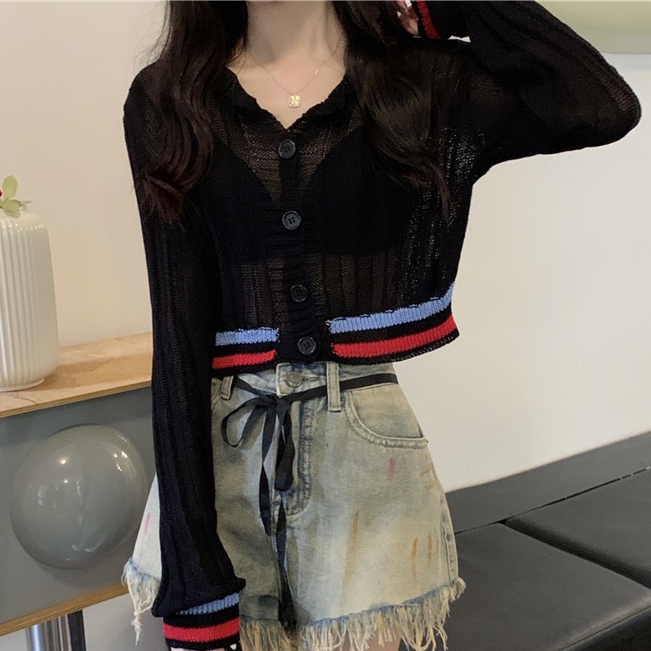 Áo Khoác Cardigan Dệt Kim Mỏng Họa Tiết Kẻ Sọc Thời Trang Mùa Hè Hàng Mới Dành Cho Bạn Nữ
