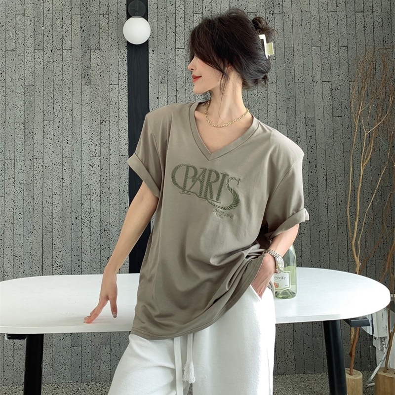 Áo Thun Nữ Ngắn Tay Cổ Chữ V Thêu Hoa Thời Trang