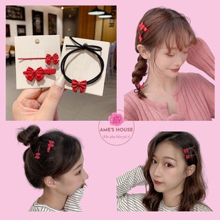 Dây Buộc Tóc Và Kẹp Tóc Nữ Hình Nơ Màu Đỏ Siêu Đẹp Phong Cách Hàn Quốc