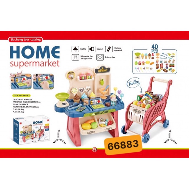 Bộ đồ chơi siêu thị kết hợp xe đẩy 2in1 có đèn, có nhạc - Home Supermarket 40pcs