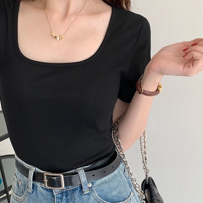 Áo Thun Mỏng Cổ Vuông Ngắn Tay Dáng Ôm Thời Trang Mùa Hè 49113