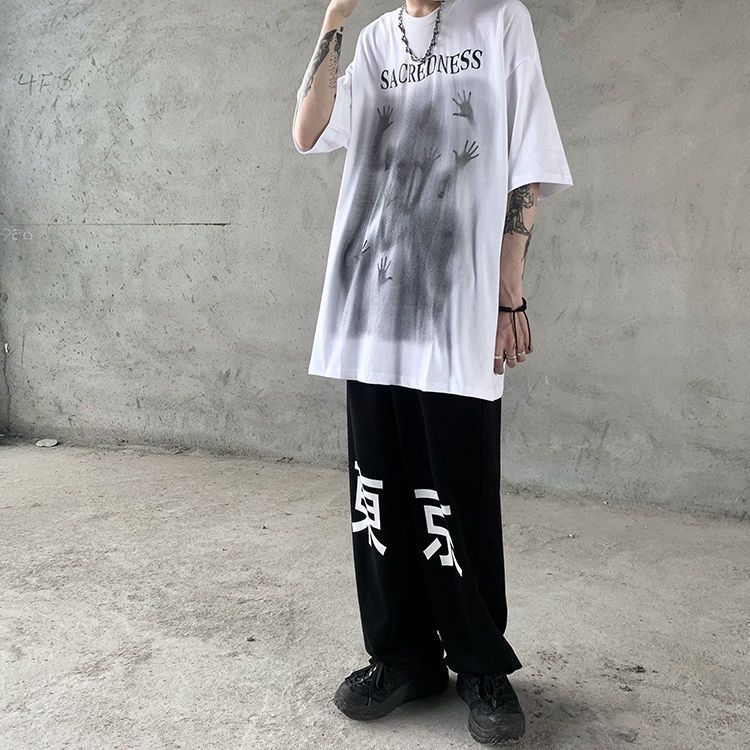 Áo Thun Ngắn Tay Dáng Rộng Màu Đen Thời Trang Mùa Hè Phong Cách Hip Hop Cá Tính Cho Nam
