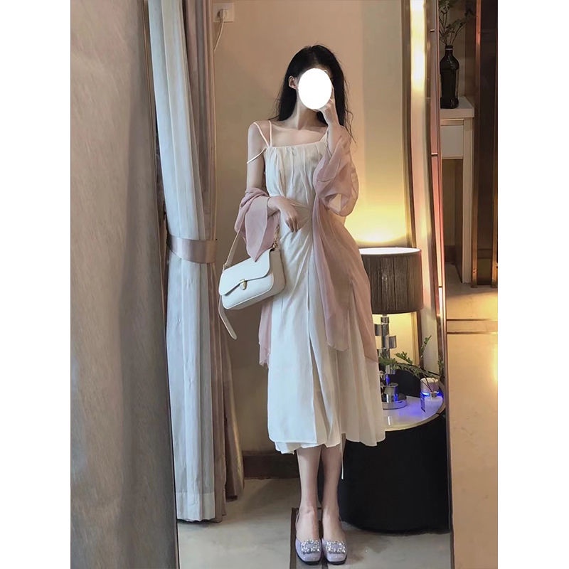 Bộ Áo Khoác Cardigan + Đầm Hai Dây Ôm Eo Thời Trang Mùa Hè Dành Cho Nữ 2022