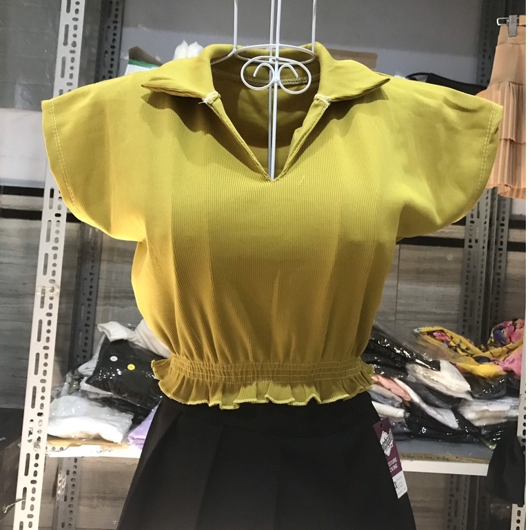 Áo Len Gân croptop cổ bẻ bo eo Quảng châu len gân tăm tay ngắn tôn dáng sành điệu