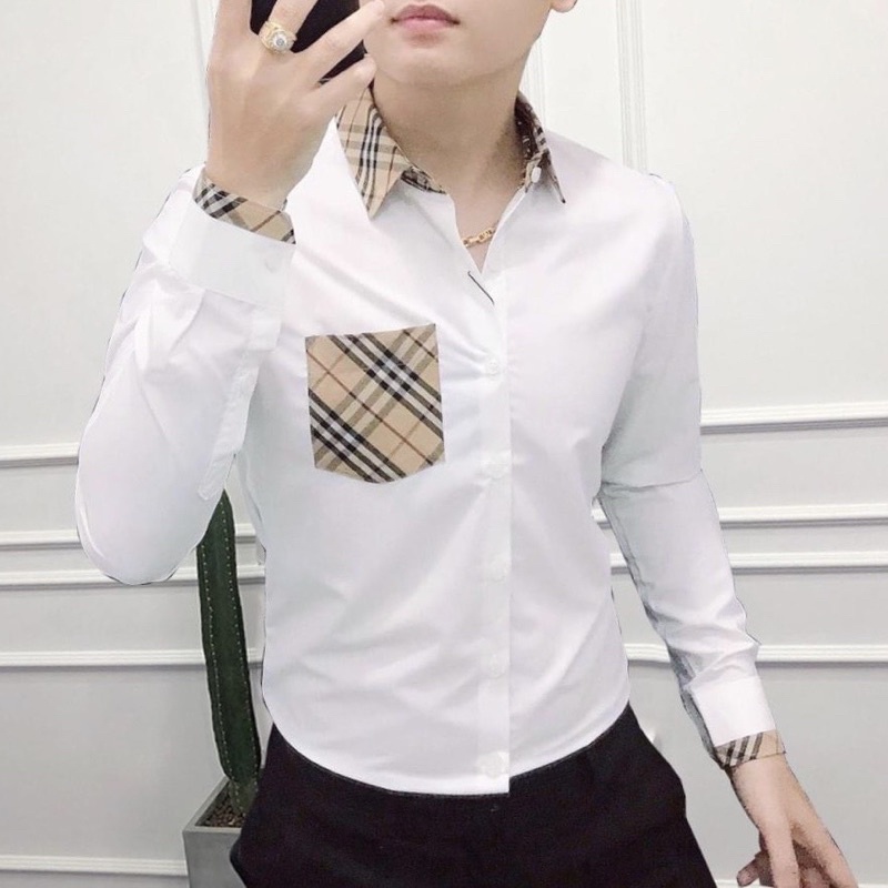 Áo sơ mi nam tay dài - áo sơ mi nam có tui phối đen trắng form ôm dáng chuẩn chất vải lụa thoáng mát | BigBuy360 - bigbuy360.vn