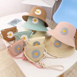 Set mũ cói đi biển + túi cói đính hoa nhí xinh xắn cho bé gái