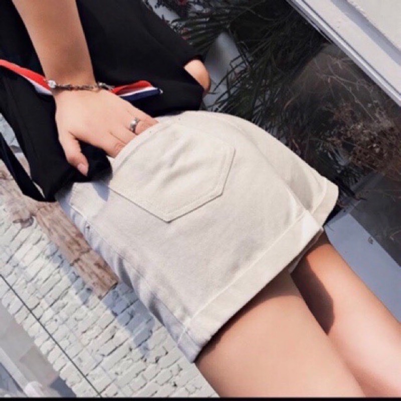 Quần shorts đùi kaki jean lưng cao lật lai - B5U
