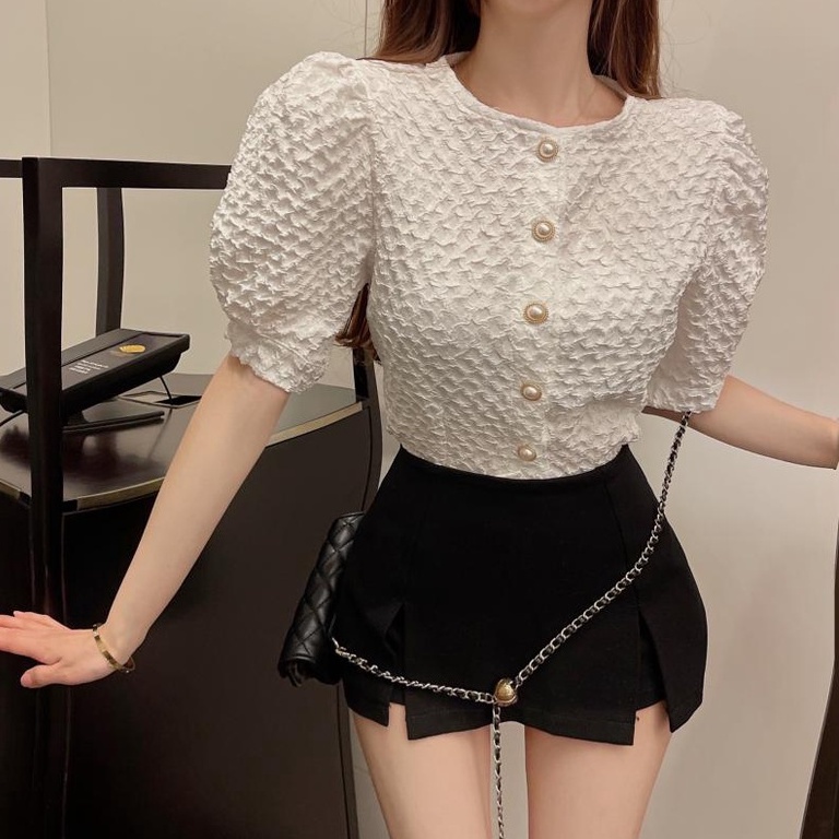 Áo sơ mi tay phồng ngắn phong cách cổ điển kiểu Pháp cho nữ