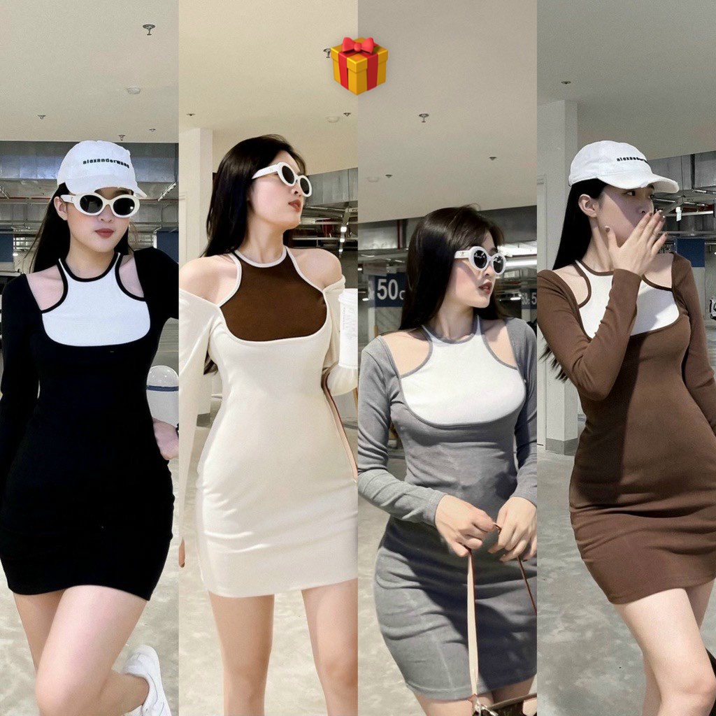 Đầm nữ thun gân body dáng ngắn trơn kiểu tay dài phối yếm viền màu hot