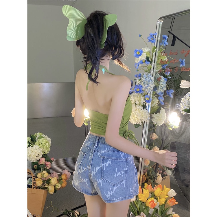 Áo Dệt Kim Hai Dây Dáng Ngắn Màu Xanh Lá Thời Trang Cho Nữ