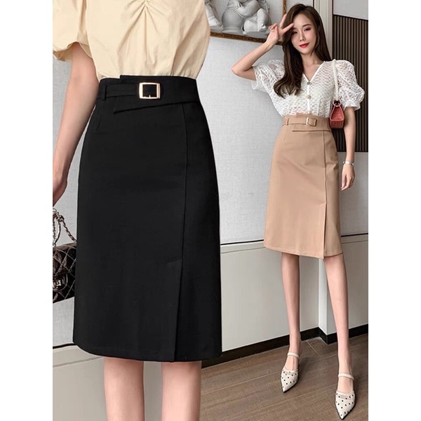 Chân Váy Chữ A Công Sở Xẻ Trước Kèm Đai Dài Đế Gối