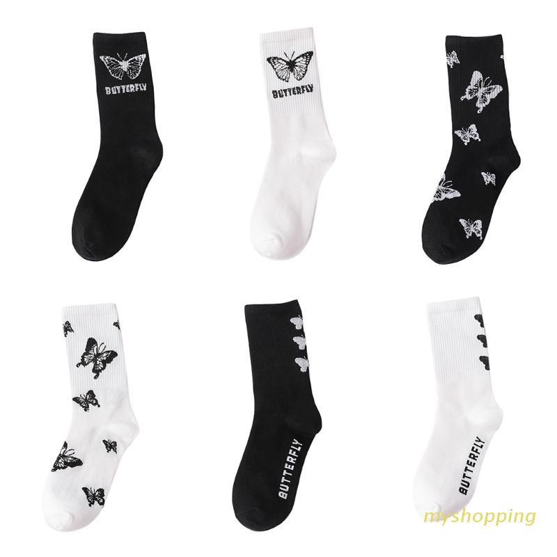 Vớ cổ cao in họa tiết bươm bướm màu trắng đen phong cách hip hop thời trang cho nữ