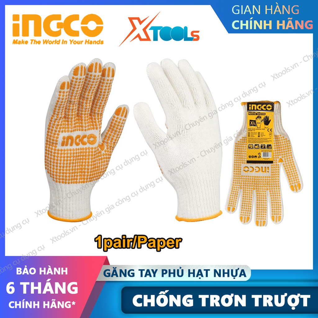 Găng tay bảo hộ lao động dệt kim phủ hạt nhựa PVC INGCO 58g/đôi bao tay cotton thoáng khí chống trơn trượt độ bám cao