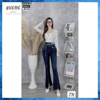 Quần jeans nữ, quần bò ống vẩy lưng cao túi chéo phối gân xẻ ống kèm đai 6640