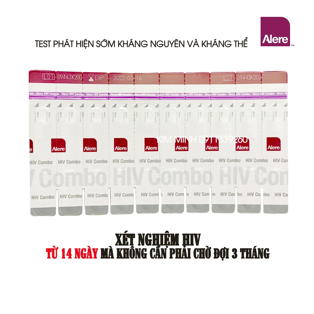 Que test HIV Alere combo Ag/ab phát hiện sớm 14 ngày kết quả chính xác hơn 95% , lấy mẫu máu đầu ngón tay