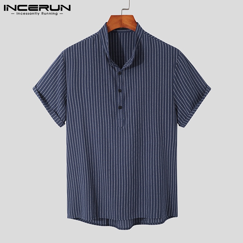 Áo sơ mi INCERUN ngắn tay cổ chữ v họa tiết kẻ sọc cài nút thời trang cho nam