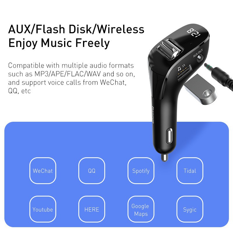 Tẩu sạc đa năng tích hợp phát nhạc từ USB dùng cho xe ô tô Baseus Streamer F40 AUX/FM Wireless MP3 Car Charger