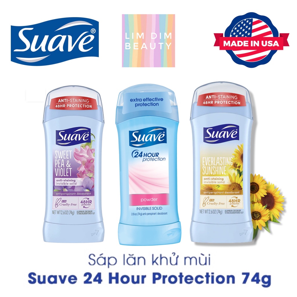 [USA] Lăn sáp khử mùi nữ Suave 24 Hour Protection 74g Powder, Sweet Pea &amp; Violet, Everlasting Sunshine