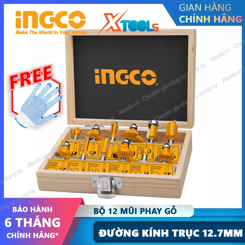 Bộ mũi phay gỗ làm mộc chuyên dụng 12 chi tiết INGCO AKRT12121 mũi phay đa năng 1/2inch,bộ mũi soi gỗ 12 món