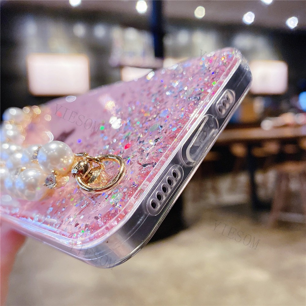Ốp điện thoại silicon mềm kim tuyến lấp lánh có vòng đeo tay ngọc trai cho Samsung Galaxy A12 A42 5G