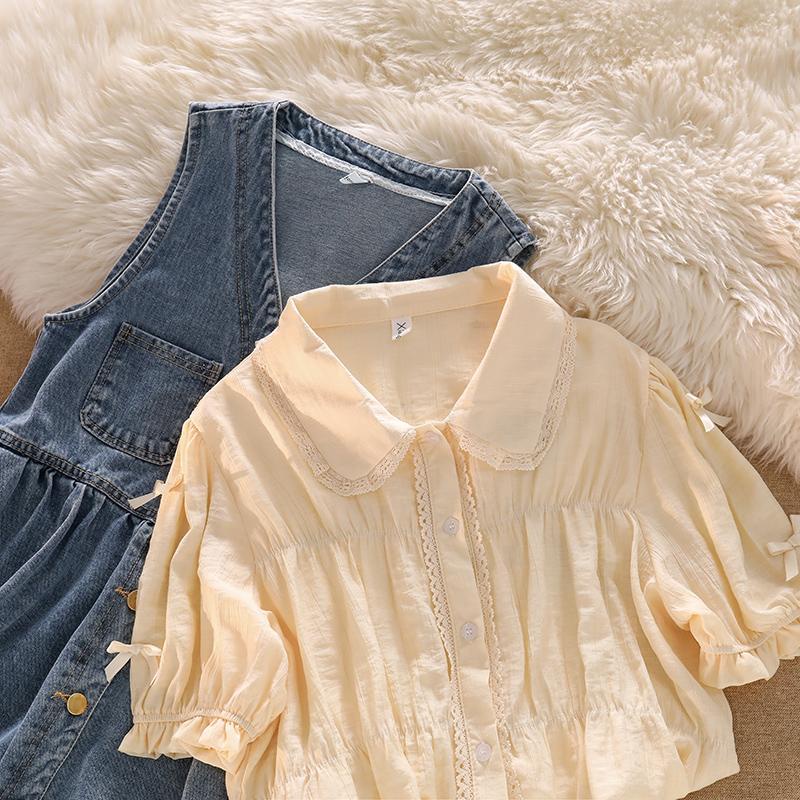 Bộ Áo Sơ Mi Cổ Búp Bê + Chân Váy Yếm Denim Thời Trang Nhật Hàn 2022 Cho Nữ