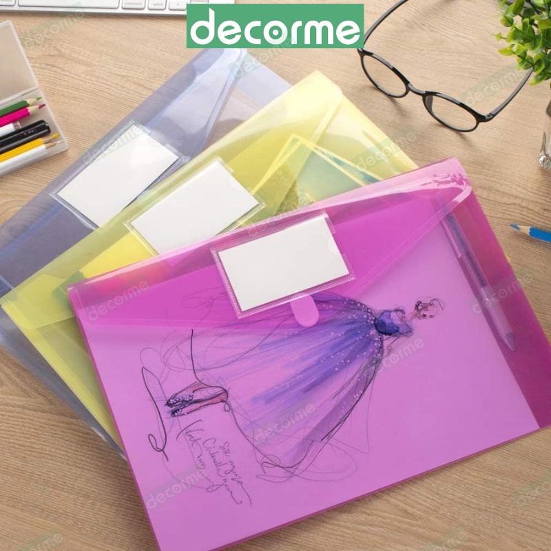 Túi đựng tài liệu A4 Basic nhiều màu 1 ngăn kèm Name tag có cúc bấm chống thấm nước tiện dụng Decorme