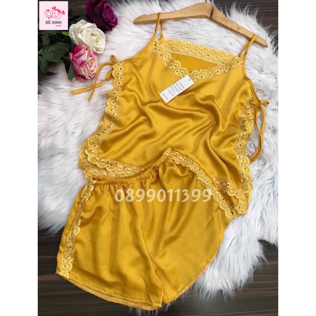 Bộ đồ ngủ hai dây nữ lụa satin [Cao cấp] Bộ lụa 2 dây với thiết kế bộ đồ ngủ sexy phối ren tinh tế lụa satin mát