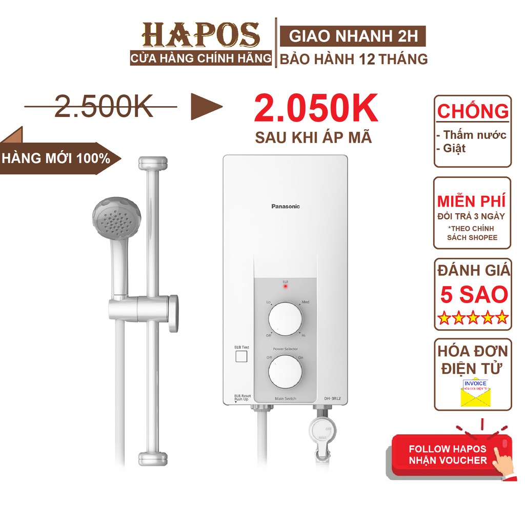 Máy nước nóng không bơm Panasonic DH-3RL2VH - 3500W - 3 mức độ nhiệt - HAPOS Phân Phối