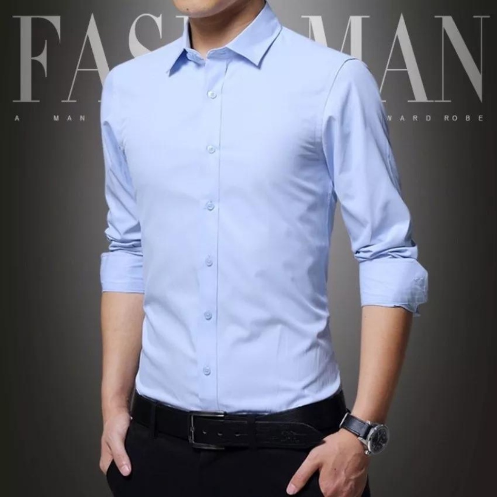 Áo sơ mi nam dài tay trơn công sở màu xanh nhạt, chất vải mềm mịn, form dáng chuẩn mẫu mới hot trend 2022