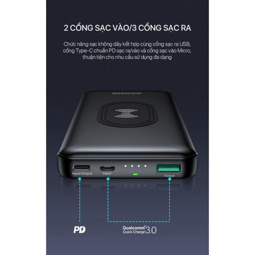 Pin Sạc Dự Phòng 10.000mAh ACOME AP106 Sạc Không Dây Qi 10W Sạc Nhanh PD + QC3.0 18W - BẢO HÀNH 18 THÁNG