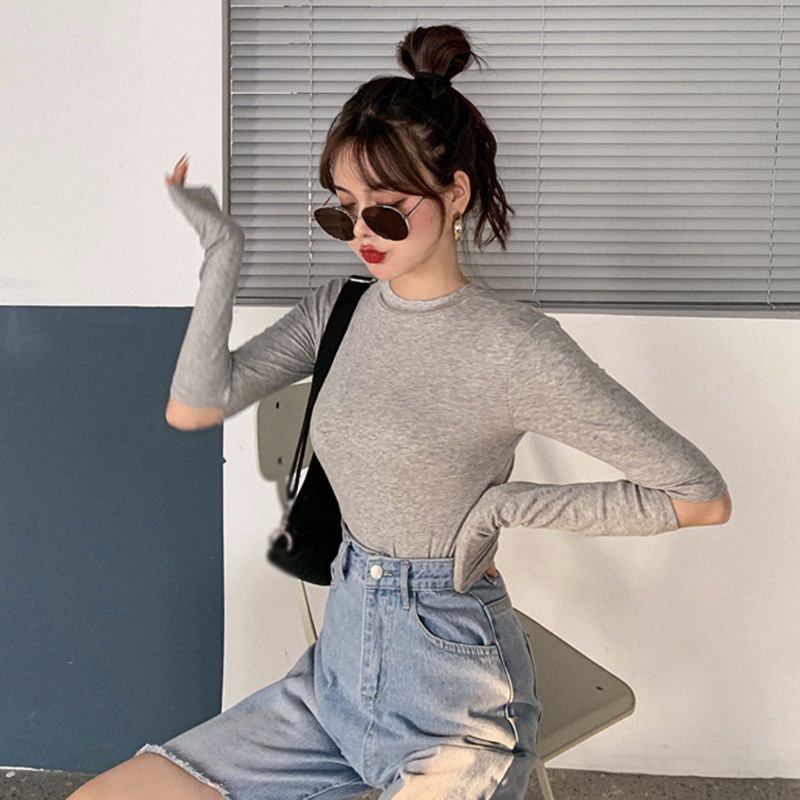 Áo thun tay dài cổ tròn màu trơn thời trang cho nữ