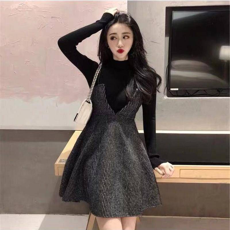 Set Áo Thun Dài Tay + Đầm Dệt Kim Màu Đen Thời Trang Thu Đông Dành Cho Nữ