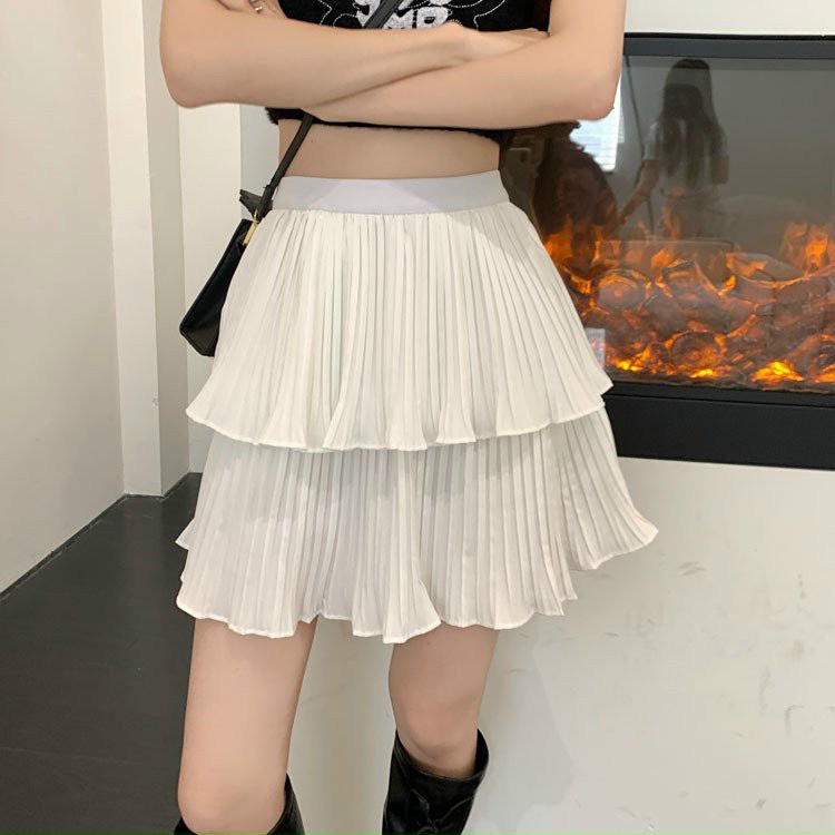 Chân váy nữ màu trắng, đen 2 tầng dập ly nhẹ dễ thương dễ phối đồ