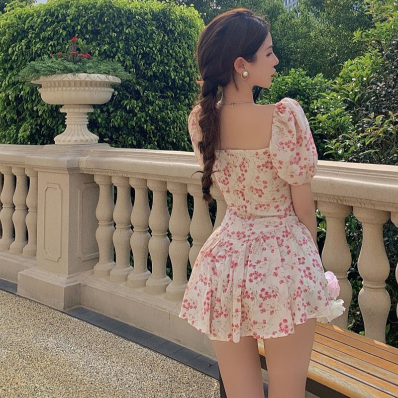 Brroa Đầm Tay Ngắn Phồng Cổ Vuông Xếp Ly Viền Bèo Nhún In Họa Tiết Hoa Phong Cách Pháp Cổ Điển Thời Trang Cho Nữ