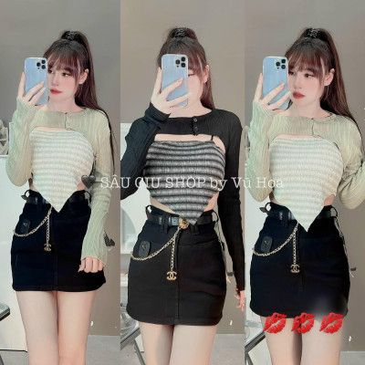 Sét áo len yếm kẻ kèm khoác gân sắc màu