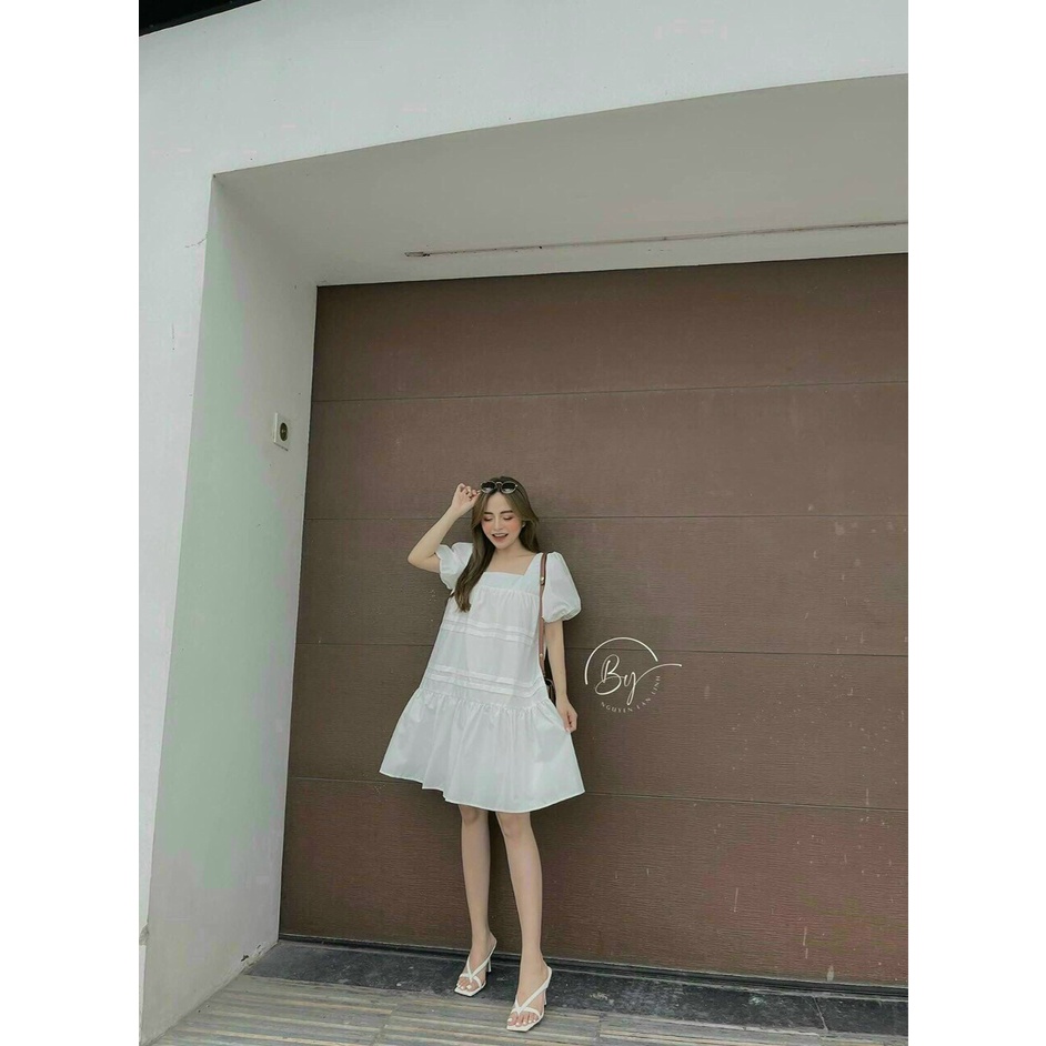 Đầm suông baby doll tay phồng đuôi cá siêu đẹp chất chéo nhung có lót siêu hot mùa hè