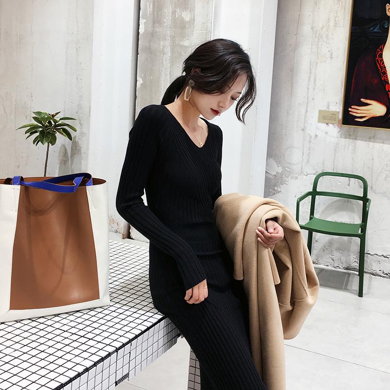 Đầm Dệt Kim Tay Dài Cổ Chữ V Thiết Kế Mới Thời Trang Mùa Thu Dành