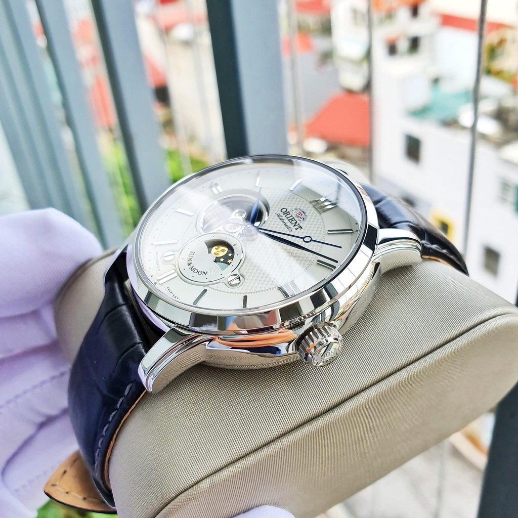 Đồng hồ Nam Orient Sun Moon Gen 4 Hở tim RA-AS0005S10B Automatic Size 42mm,Mặt trắng-Máy cơ tự động-Dây da đen cao cấp
