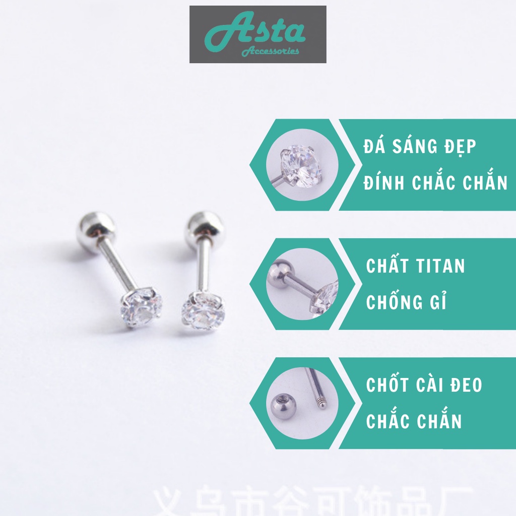 Khuyên tai nam Đính đá Hoa tai nam nữ Asta Accessories bông tai màu bạc đơn giản đẹp - Khuyên tai Đính đá  (1 chiếc)