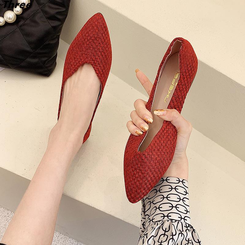 Women's shoes, single shoes, ladies pointed toe Roman style shallow mouth weave fashion all-match solid color grandma shoes