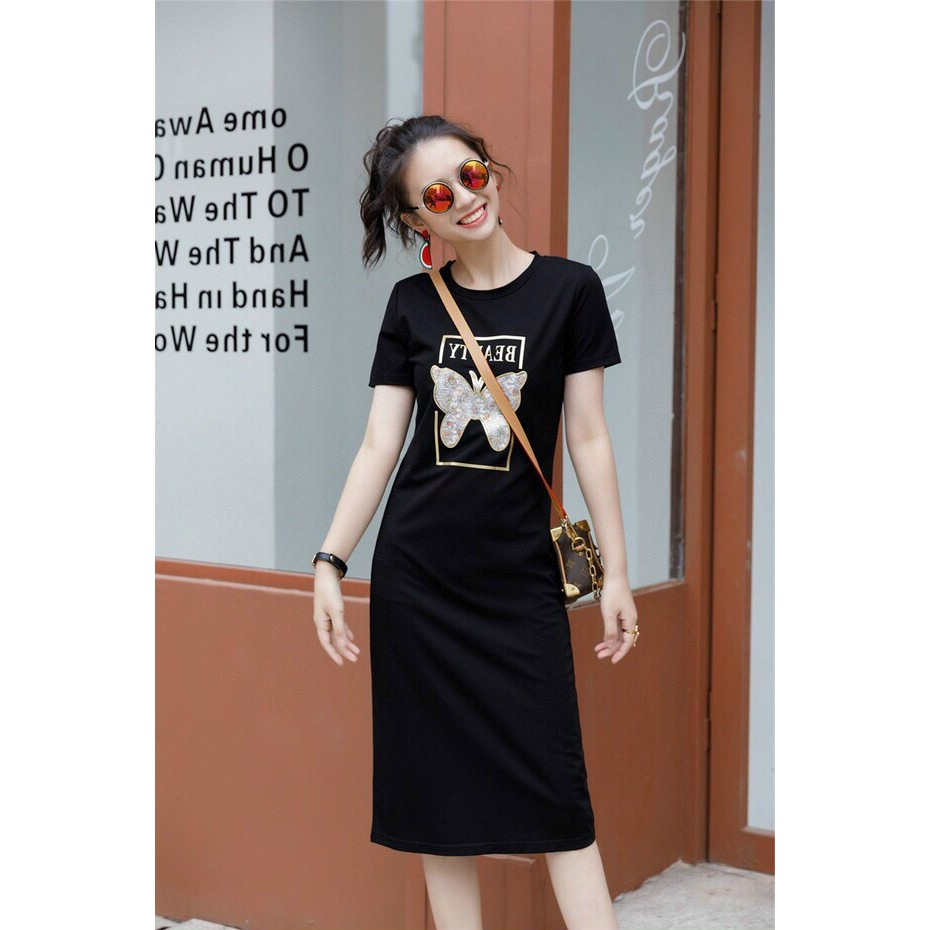 HÀNG QC - ĐẦM THUN SUÔNG HOẠ TIẾT BƯỚM ĐÍNH HẠT CAO CẤP - MH317