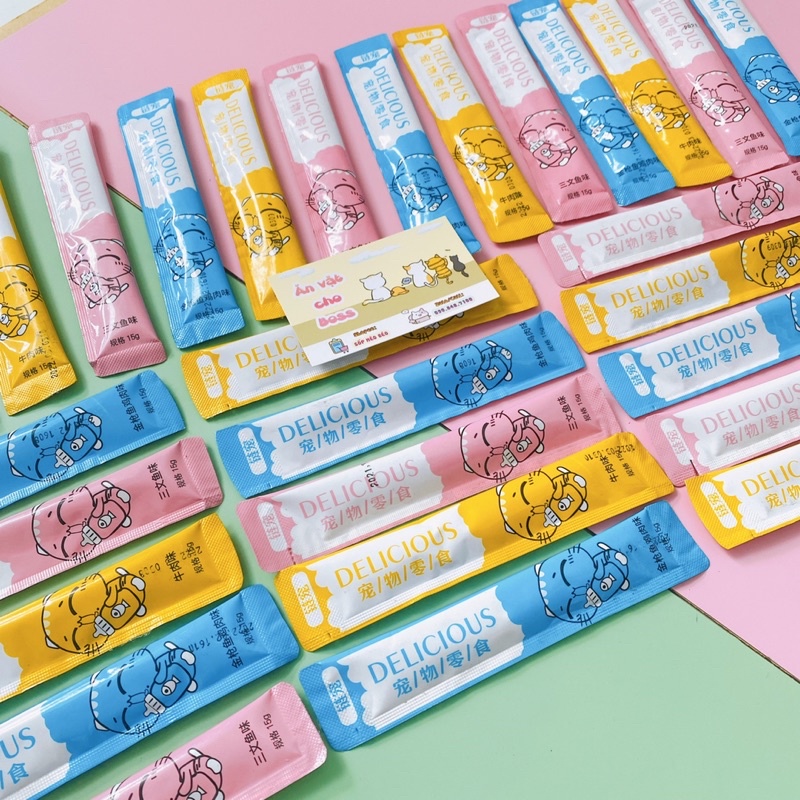 Tuýp súp thưởng cho mèo Delicious vị Bò,Cá ngừ mix gà,Cá hồi dạng lỏng gói lẻ cho Mèo con trên 3 tháng