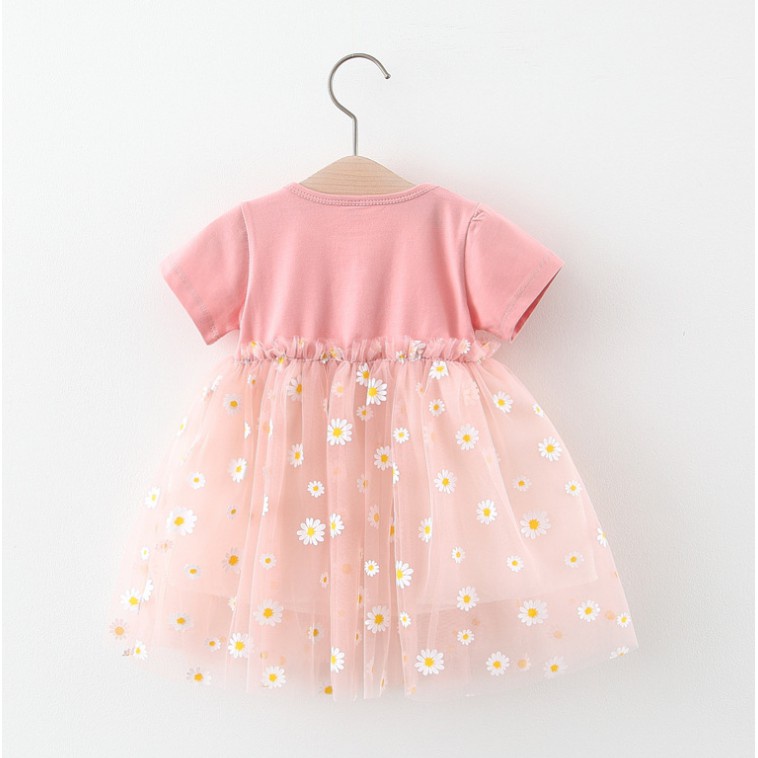 Váy đầm bé gái, váy ngắn tay kiểu dáng Hàn Quốc, Họa tiết hoa cúc xinh
