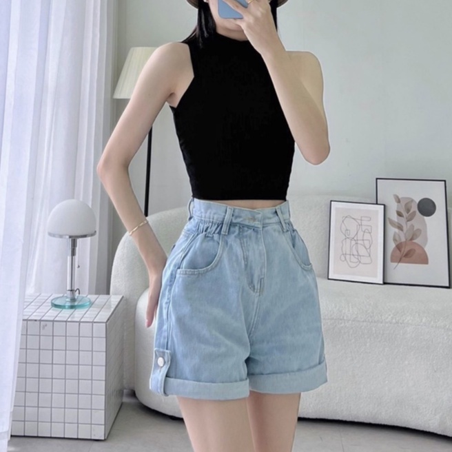 Quần short nữ ống rộng cạp cao chun eo , quần đùi jeans có cúc xắn gấu 2 màu xinh xắn