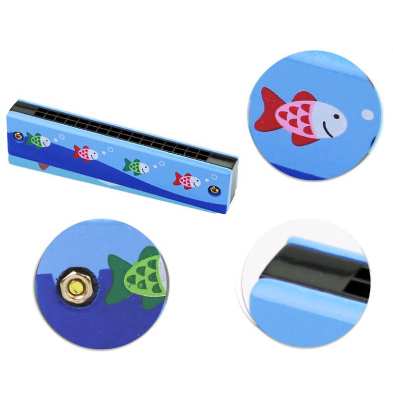 Kèn harmonica 16 lỗ bằng gỗ 5 inch họa tiết hoạt hình giao ngẫu nhiên thích hợp cho trẻ em