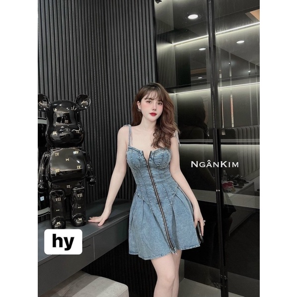 Đầm Jean Co Giãn Cúp Mút Ngực Dây Khoá Kéo Giữa Dây Thắt Vai Dáng Xoè