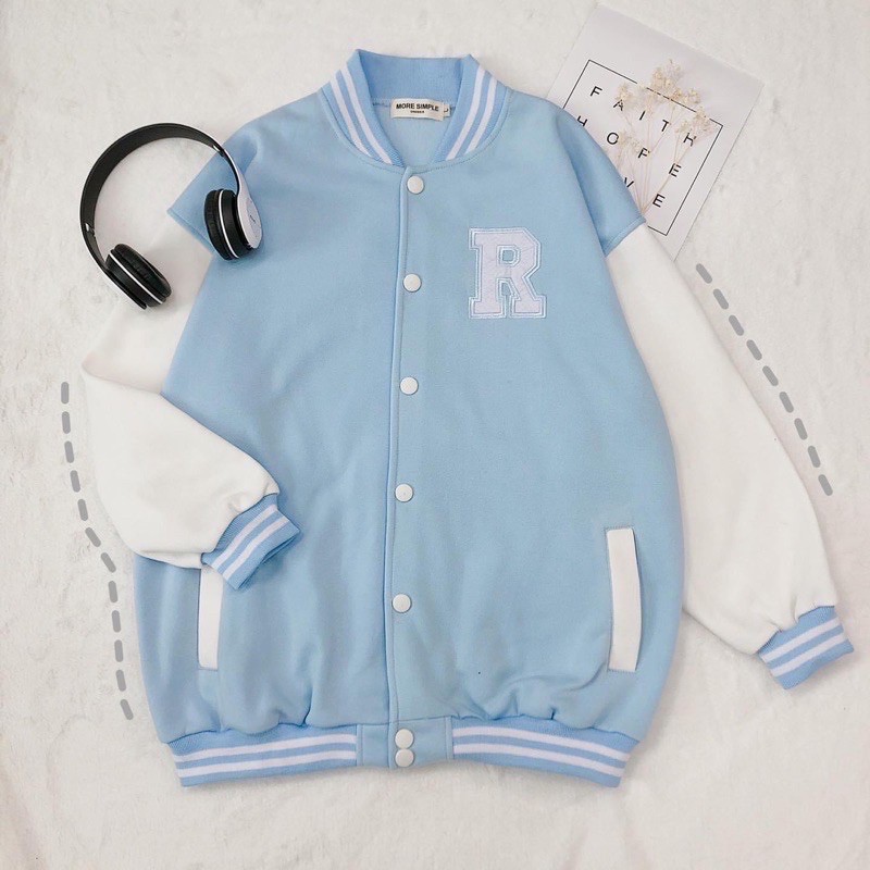 AK012 Áo bomber R 2 màu xanh đen tay trắng nam nữ dáng rộng, áo khoác nam nữ mùa đông form to tay bo cúc bấm cá tính