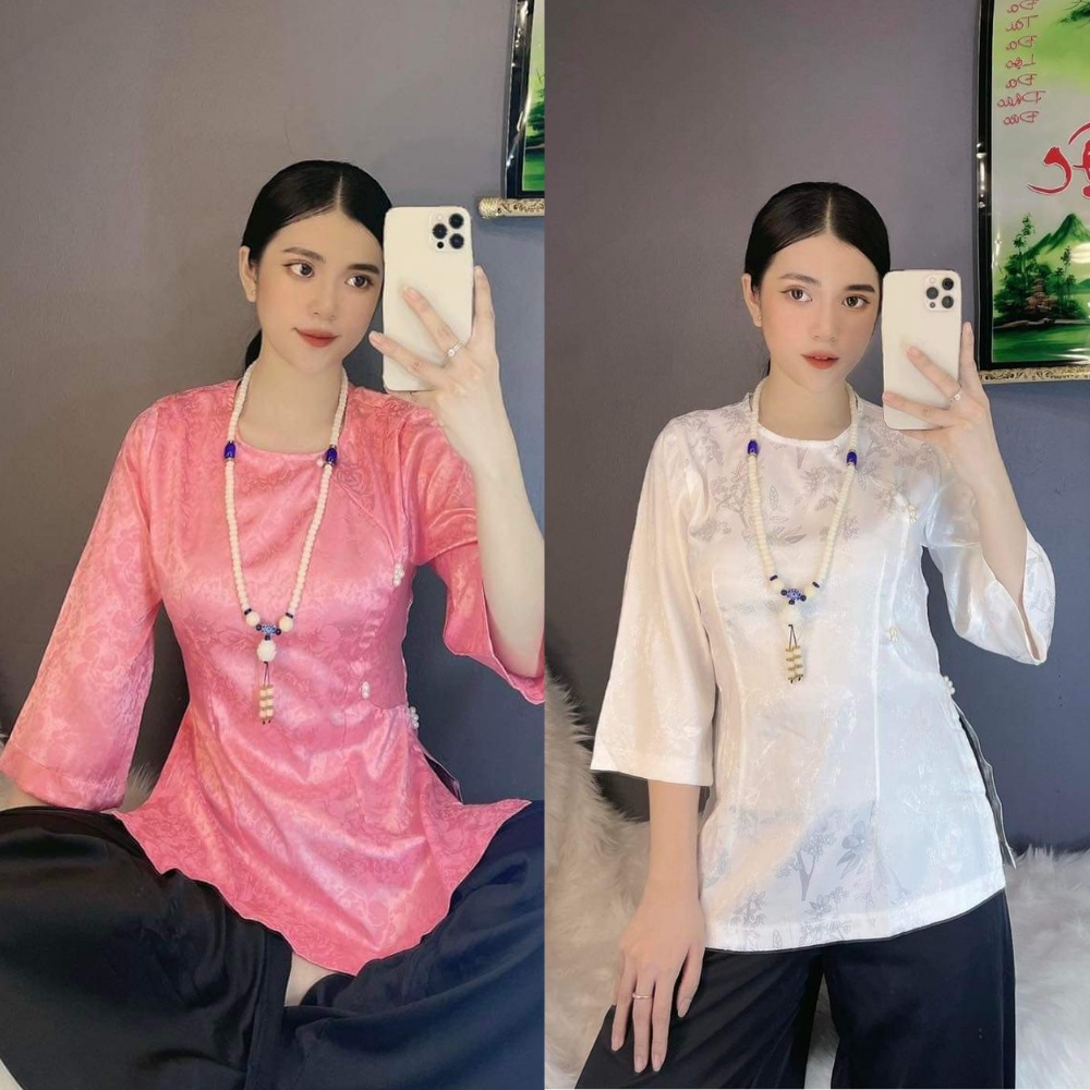 ️ 💜 ĐỒ LAM ĐI CHÙA # ÁO BÀ BA GẤM XINH # set Phật tử lụa vân hoa kiểu dáng cách tân có bán rời áo quần A23